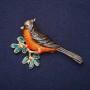 Brooch Bird on a Branch Enamel Orange Green Black 69x48mm Gold-tone Metal