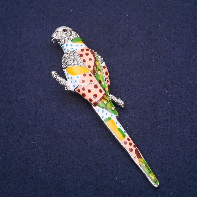 Brooch Parrot with enamel and crystals color white blue green pink 90x25mm silver metal