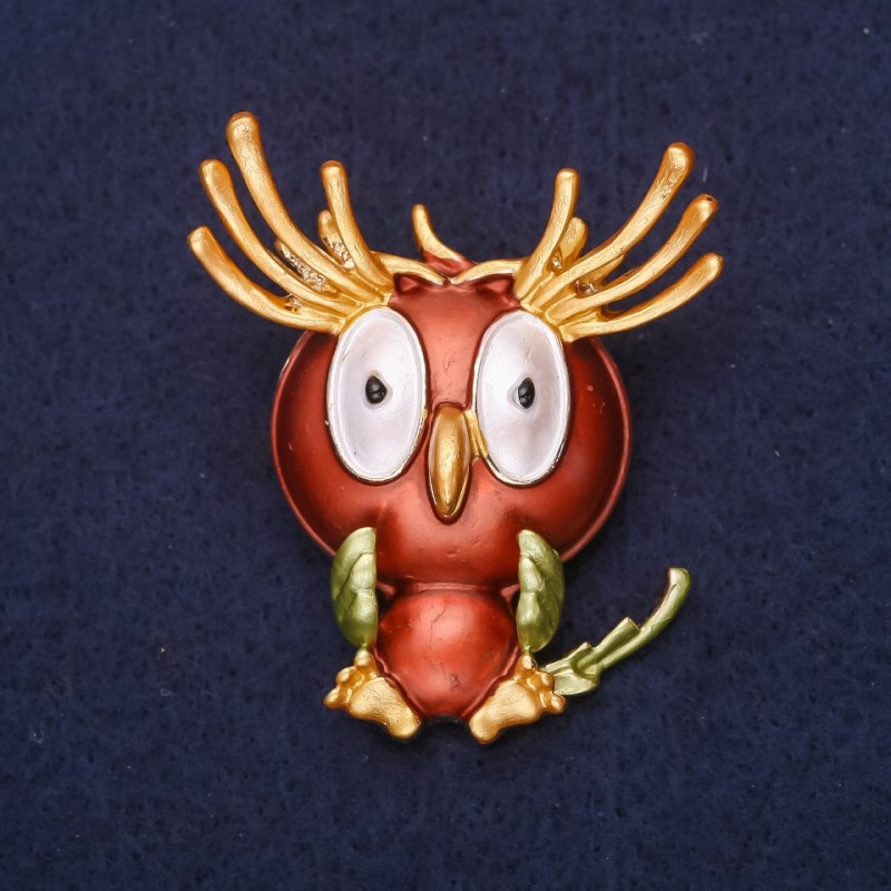 Brooch Owl "Good morning" enamel rhinestones yellow brown green white 47×38mm gold-tone metal