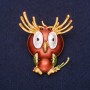 Brooch Owl "Good morning" enamel rhinestones yellow brown green white 47×38mm gold-tone metal
