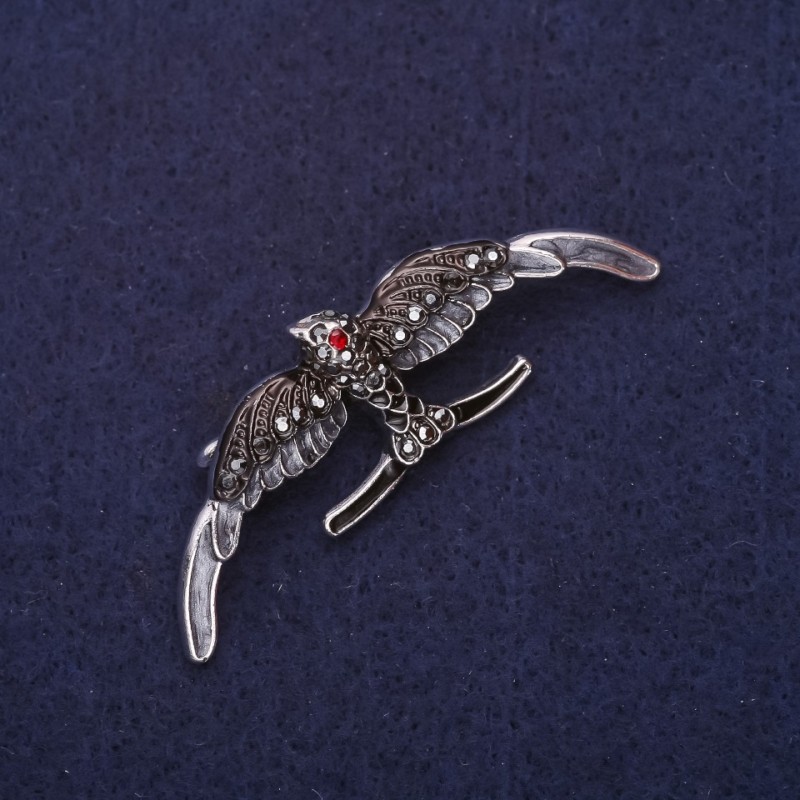 Brooch Bird, enamel, rhinestones, color gray and black, 54×18mm, silver metal