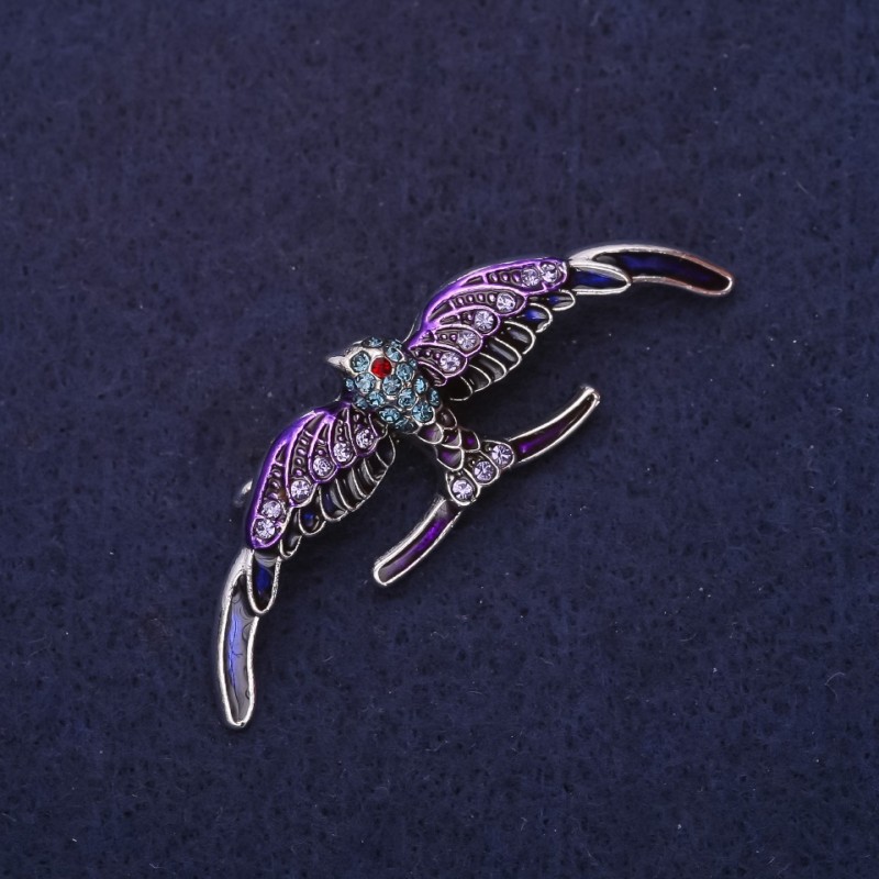 Brooch Bird - enamel, rhinestones, color purple blue light blue, 54×18mm, silver metal