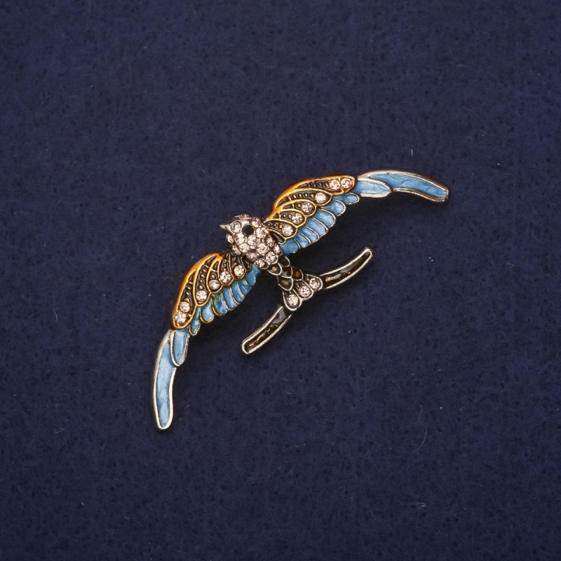 Brooch - Swallow Enamel with Crystals Yellow-Blue 54x18mm Gold-tone Metal