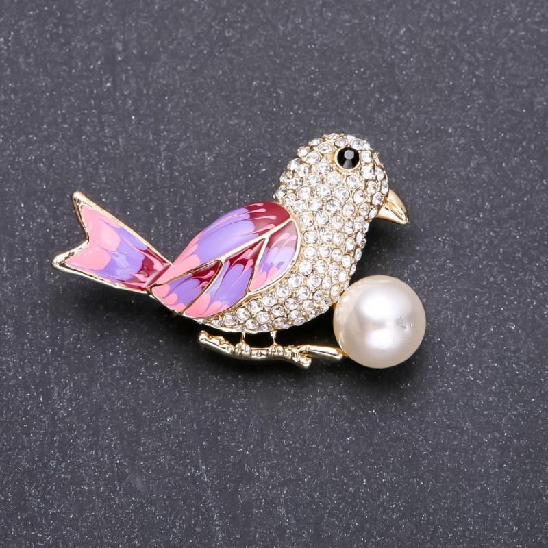 Brooch Bird Lavender and Pink Enamel 48x32mm Yellow Metal