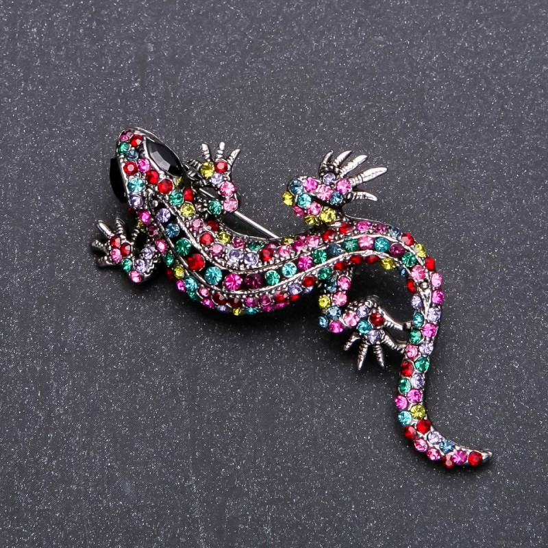Brooch Lizard with multicolor rhinestones 62x28mm gray metal