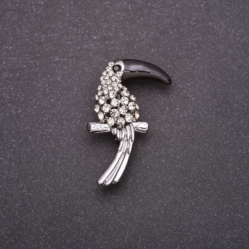 Brooch Bird Toucan with White Crystals, Black Beak, 38x23mm, Gray Metal