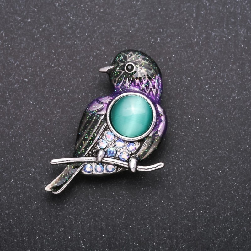 Brooch Bird Purple Rhinestones Chameleon Color Metal "Grey" 40x25mm
