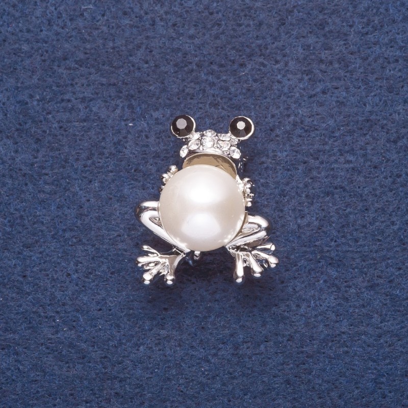 Brooch "Frog with White Pearl" (size) Metal color silver 3x2.5 cm