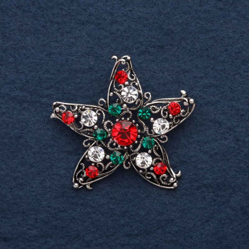 Brooch Accent 5cm± Multicolor Rhinestones Silver Metal