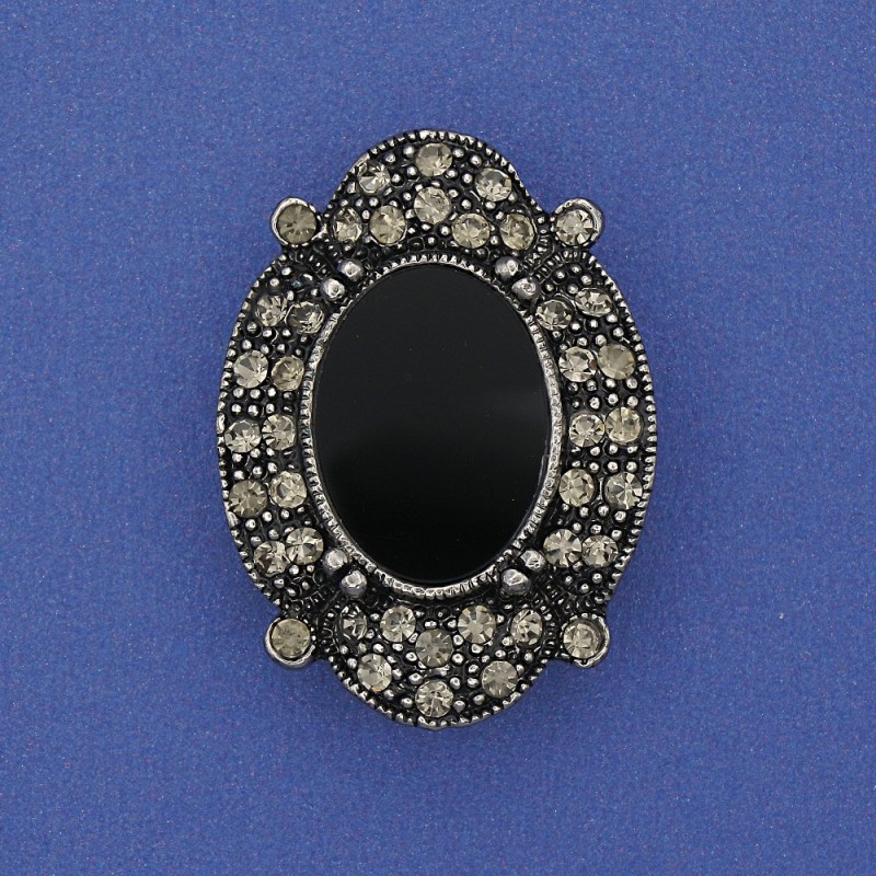 Brooch with Black Agate (imitation) “Antique” metal color “silver” 3.3 cm