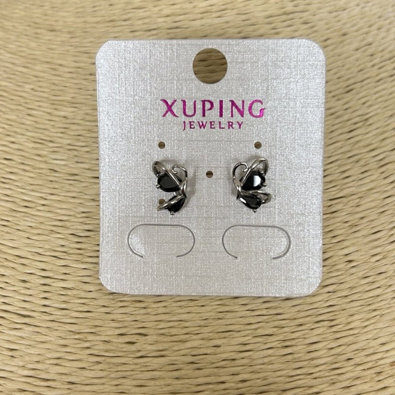 Xuping Rhodium Plated Stud Earrings with Black Crystals, 12x8 mm