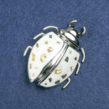 Brooch Beetle Silver-Toned with White Enamel, Chalcedony and black rhinestones 58x24mm +