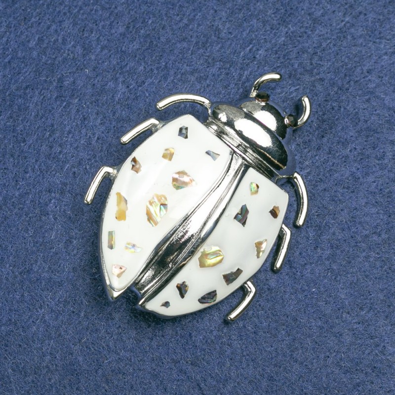 Brooch Beetle Silver-Toned with White Enamel, Chalcedony and black rhinestones 58x24mm +