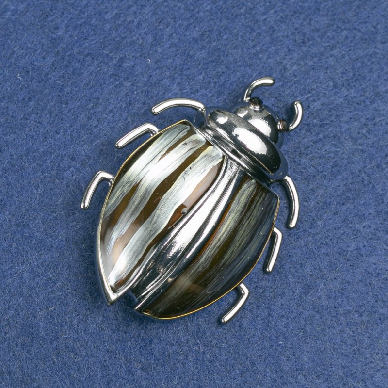 Brooch Beetle silver-toned metal enamel with black crystals 58x24mm +