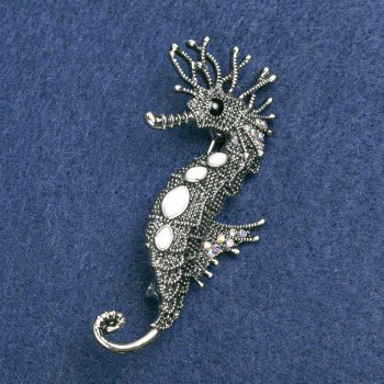 Brooch Sea Horse Silver Metal, white enamel and white rhinestones 47x15mm +