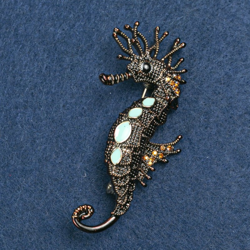 Brooch Sea Horse Gold-tone Metal, Turquoise Enamel and Gold-tone Rhinestones 47x15mm +