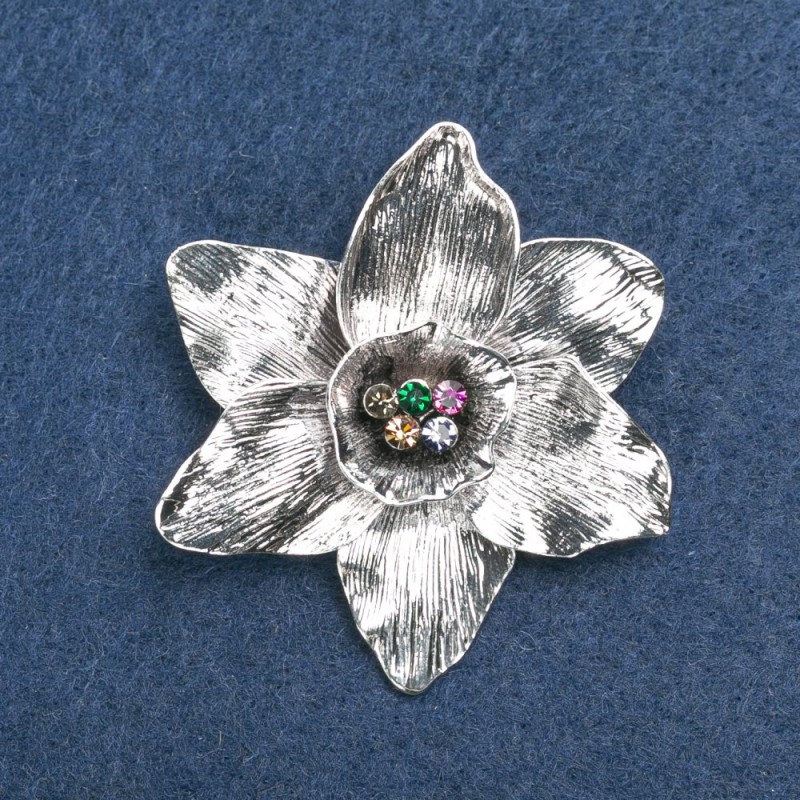 Brooch Flower with Silver-colored metal and multicolor rhinestones 50mm +