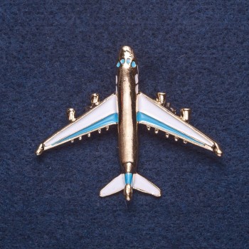 Brooch "Plane" white and blue enamel with gold-tone metal 4x5 cm