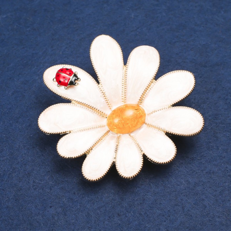 Brooch Daisy Amber gold-tone metal and enamel 50x54mm +