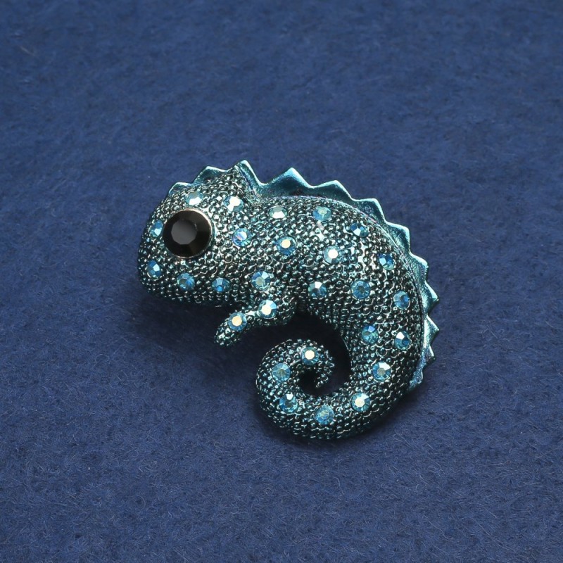 Brooch Chameleon gold-toned metal, enamel and rhinestones 42x30mm +