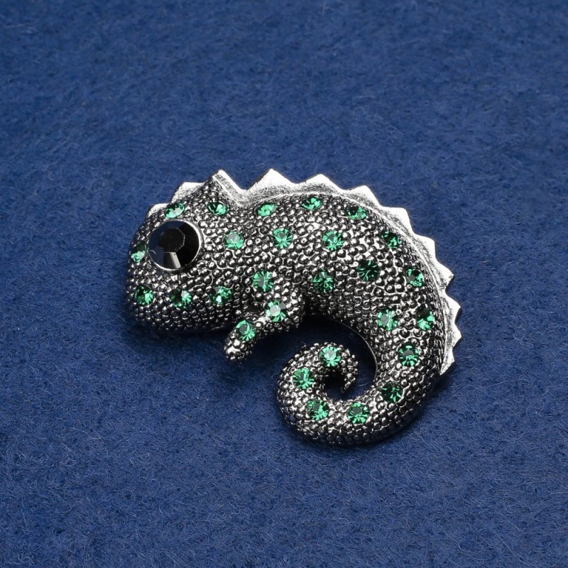 Chameleon Brooch in Silver-Toned Metal with Green and Black Crystals 42x30mm +
