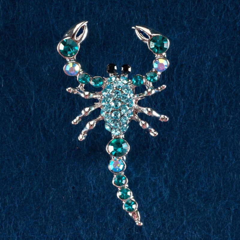 Brooch Scorpio Turquoise-Blue Rhinestones Gray Metal 55×25mm