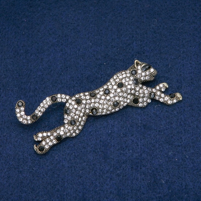 Leopard Brooch with White and Black Rhinestones, Silver-toned Metal 78x30mm +