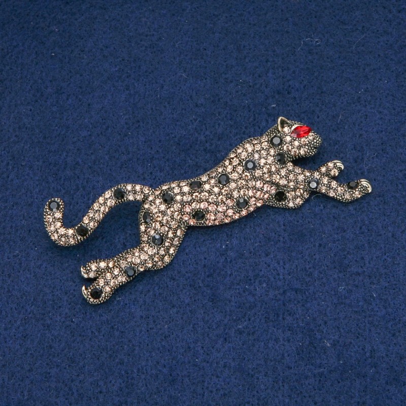 Leopard Brooch with Gold-Tone and Black Rhinestones, Gold-Tone Metal 78x30mm +