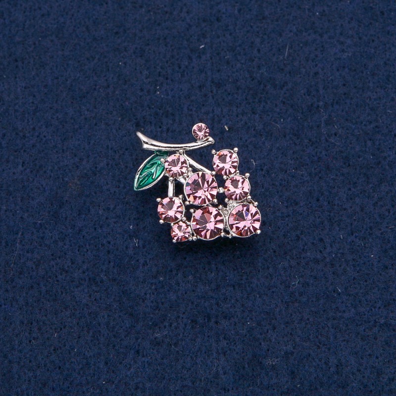 Brooch-Pendant Grapes, silver-colored metal with pink stones 29x20mm +