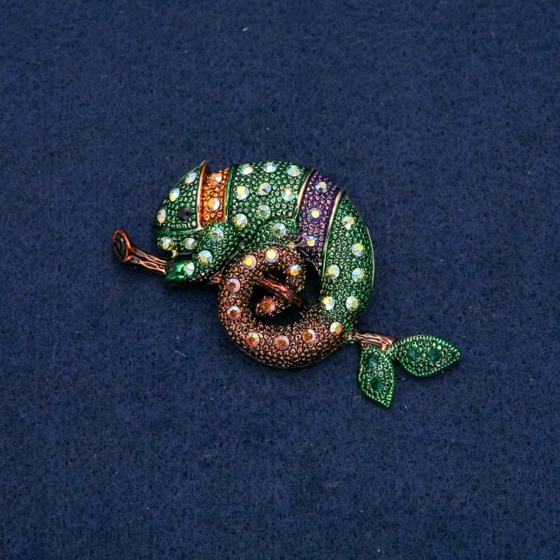 Brooch Chameleon Gold-tone Metal with Gasoline (Gasoline) Rhinestones 63x35mm +