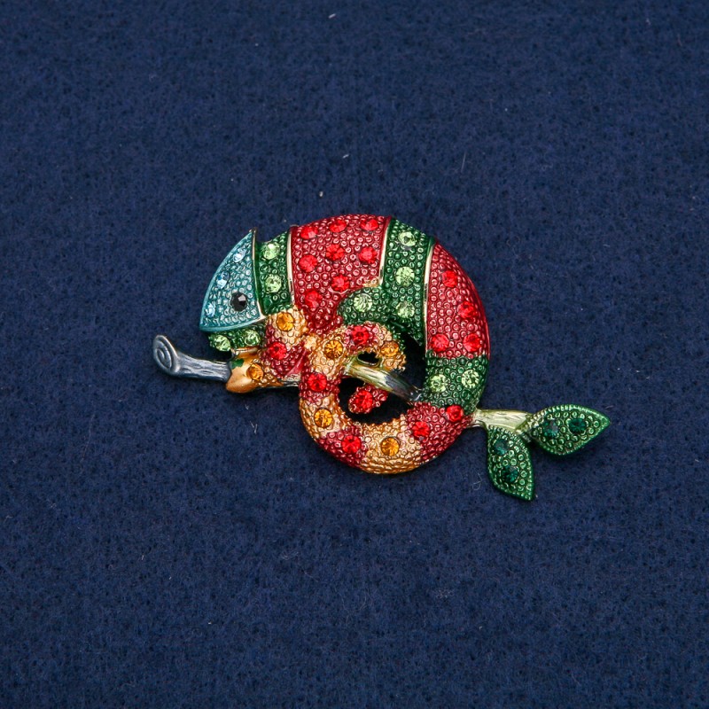 Brooch Chameleon golden metal with black, yellow, green, red, dark green and blue rhinestones 63x35mm +