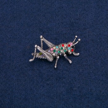 Brooch Grasshopper silver-toned metal with colored rhinestones 42x26mm +