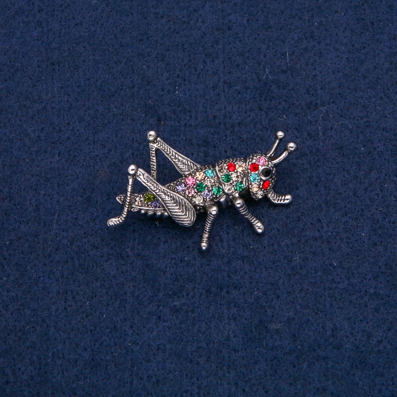 Brooch Grasshopper silver-toned metal with colored rhinestones 42x26mm +