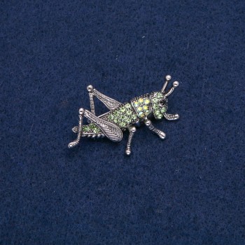 Brooch Grasshopper Silver-Toned Metal with Black, Green and Petrol Beads 44x27mm +