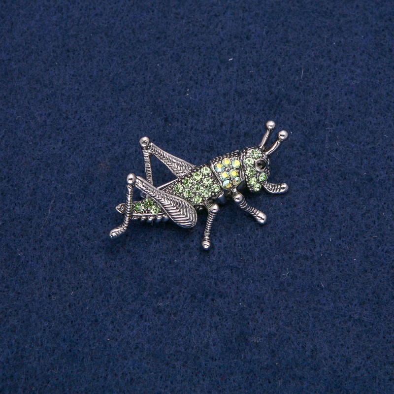 Brooch Grasshopper Silver-Toned Metal with Black, Green and Petrol Beads 44x27mm +