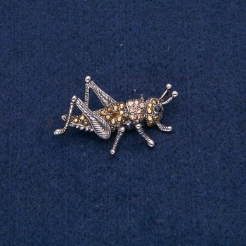 Brooch Grasshopper silver-toned metal with black and yellow rhinestones 42×26mm +