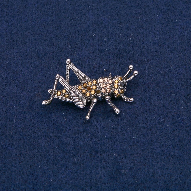 Brooch Grasshopper silver-toned metal with black and yellow rhinestones 42×26mm +