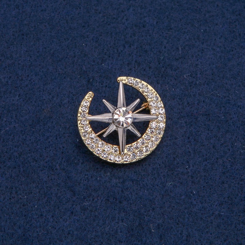 Golden Moon Brooch with Silver Star, white crystals and stone 28x26mm +