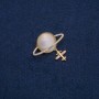Brooch Saturn Cat's Eye (chatoyant) with golden metal and petrol colored rhinestones 35×20mm +