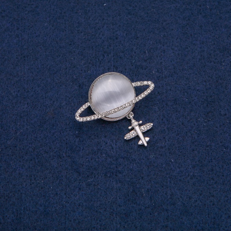 Brooch Saturn Cat's Eye (silver) with plane, silver metal with white rhinestones 35x20mm +
