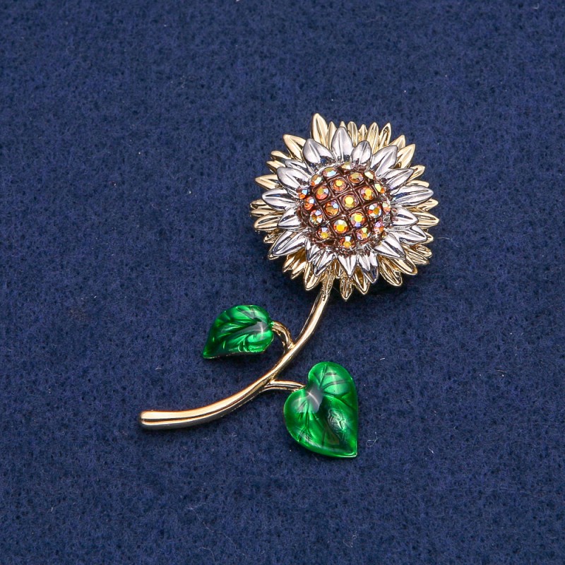 Sunflower Brooch with Golden Metal and Silvery Petals, Yellow Rhinestones, Chameleon 56x27mm +