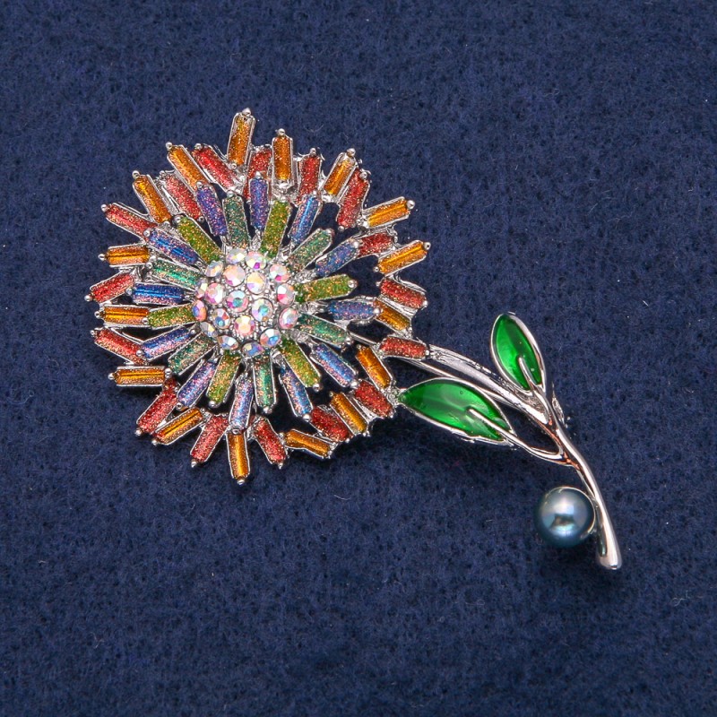 Brooch Flower Silver-Tone Metal with Multicolor Enamel and Crystals 61x33 mm