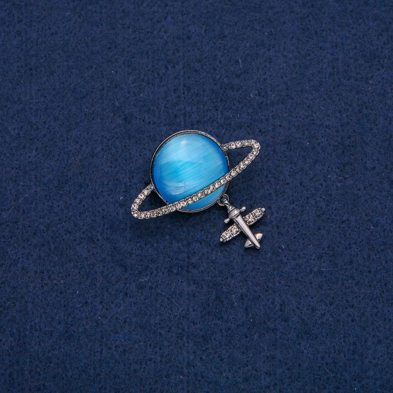 Brooch Saturn Cat's Eye with Plane, dark metal with white rhinestones 35x20mm +