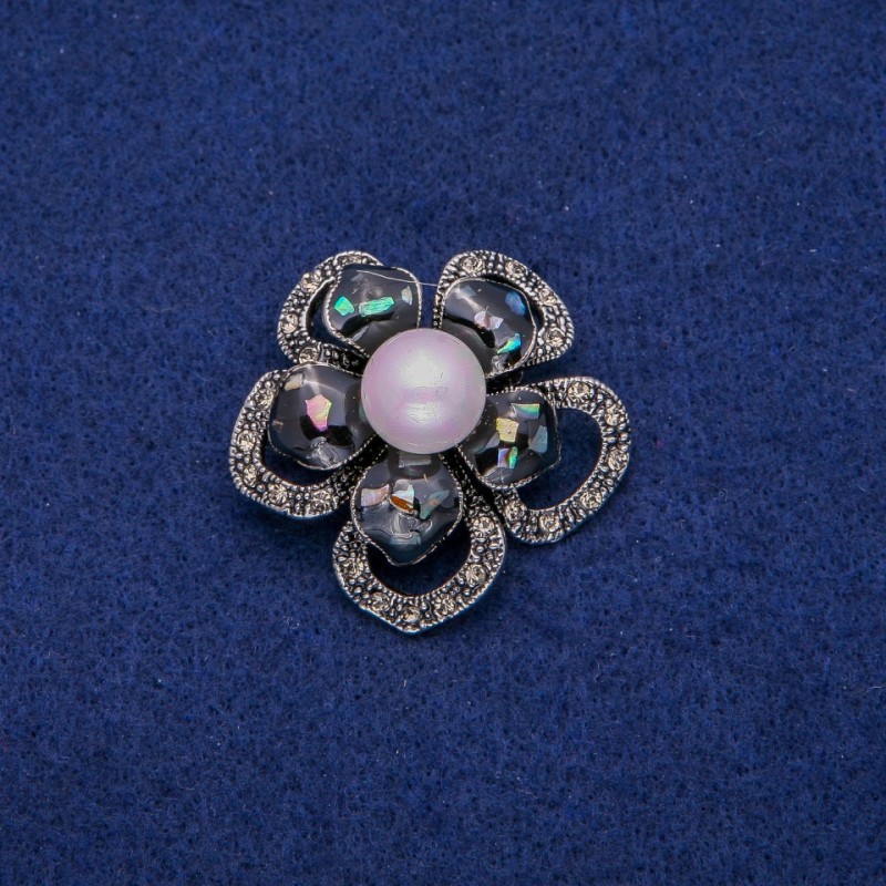 Brooch Flower with Mother-of-P pearl Halite and rhinestones 36mm, silver metal