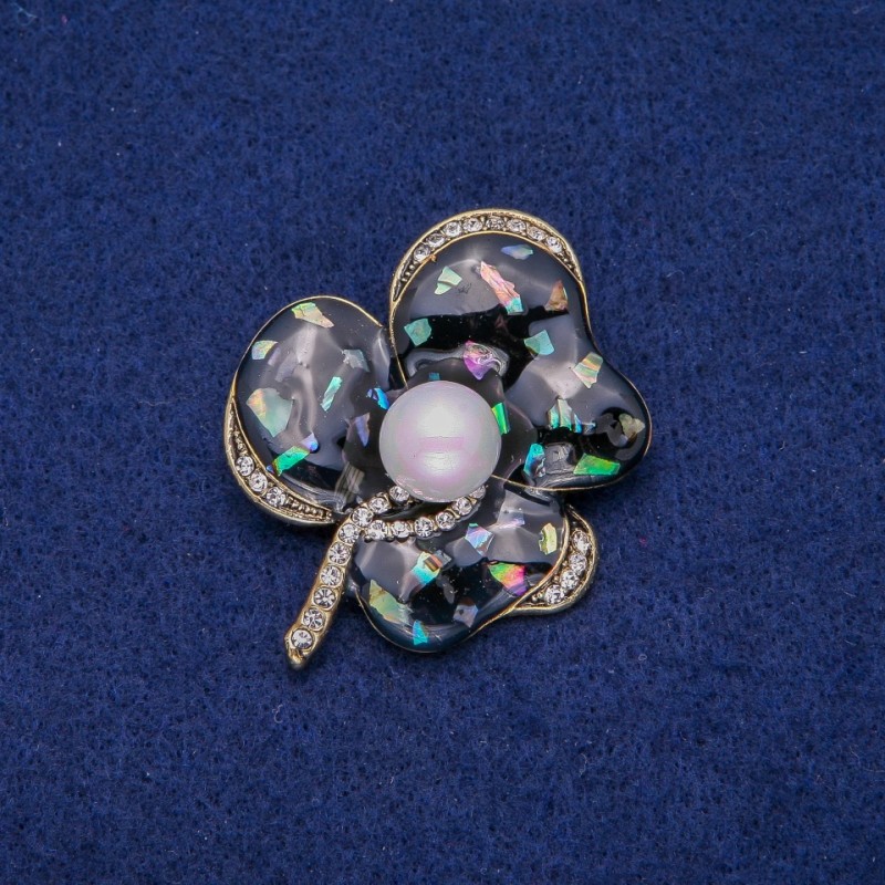 Brooch Flower with Mother-of-Pearl Chalcedony and Crystals 41x51mm, Golden Metal