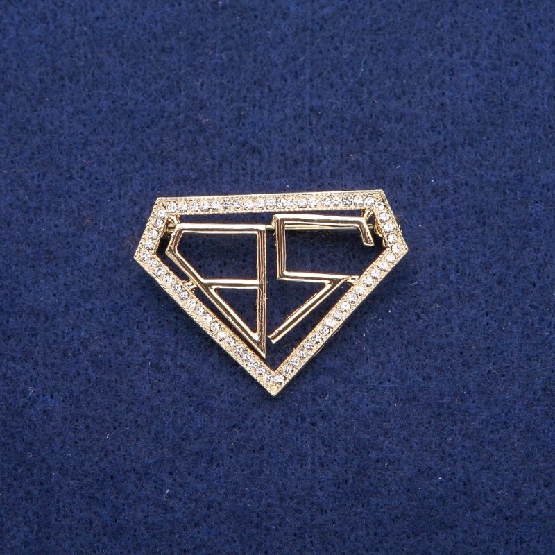 Brooch 'Bachelor' with White Rhinestones 30x40mm, Gold-Tone Metal