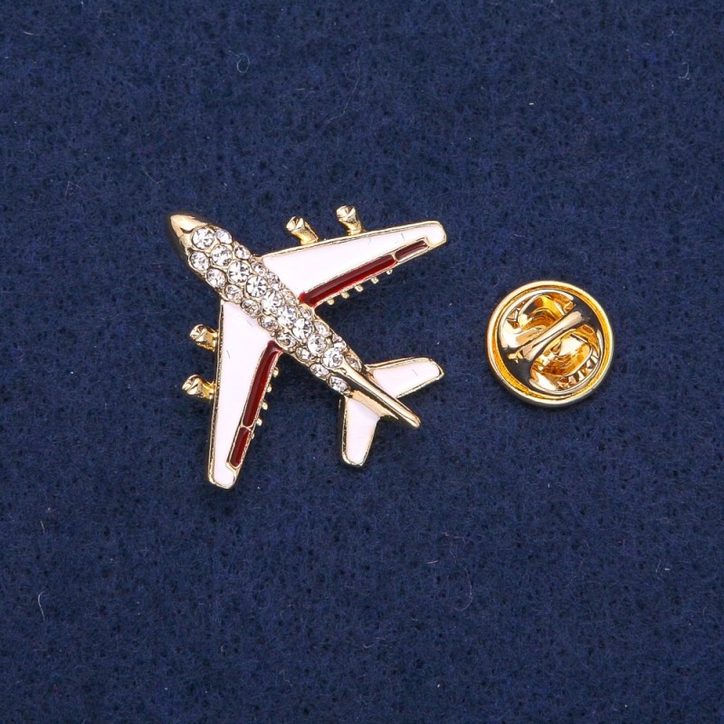 Brooch "Airplane" 27x30mm brown stripe metal color "gold"