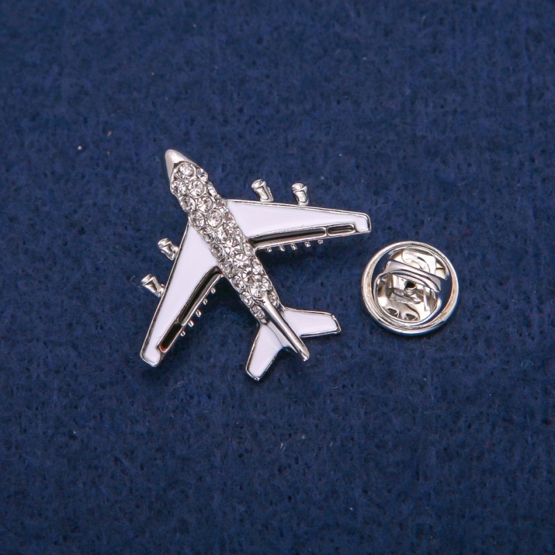 Brooch Aircraft with white and black enamel, with crystals, silver metal 29x30mm