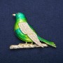 Brooch Pendant: Nightingale with green enamel and white crystals, golden metal 58x70mm