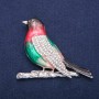Brooch Pendant Nightingale with Colorful Enamel and White Crystals, Silver Metal 58x70mm
